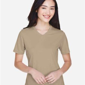 Team 365 Women’s Zone Performance T-Shirt, Desert Khaki & Electric Blue, Moisture-Wicking UPF 40+ Active Tee