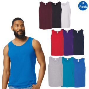Gildan Men’s Heavy Cotton Sleeveless Tank Top, Classic Crewneck, 9-Pack – Mixed Colors (S–3XL)