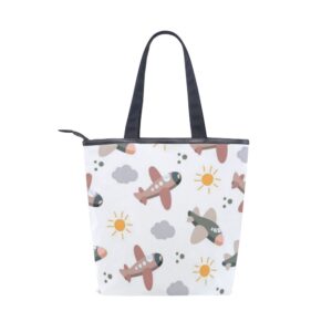 Sarroy Cute Airplane Zipper Canvas Tote Bag, Large Capacity Handbag with Leather Trim, Personalized DIY Custom Print, Travel Shoulder Bag, Bronze