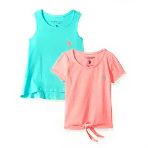U.S. Polo Assn Youth Girls’ T-Shirt amp; Tank Top 2-Pack, Cotton Blend, Green And Pink, Sizes S–XL