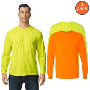 Gildan Men’s High Visibility Safety Green & Safety Orange Long Sleeve Work Shirts (2-Pack, Heavy Cotton Blend)