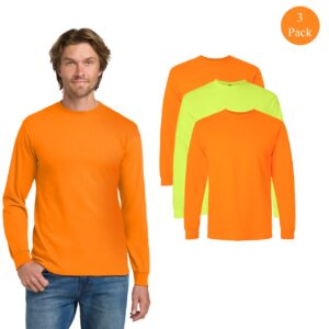 Gildan Men’s High Visibility Safety Green & Safety Orange Long Sleeve Work Shirts (3-Pack, Heavy Cotton Blend)