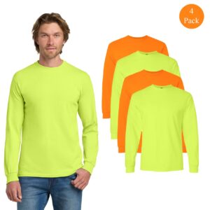 Gildan Men’s Safety Green & Safety Orange High Visibility Long Sleeve Work T-Shirts (4-Pack, Heavy Cotton Blend)