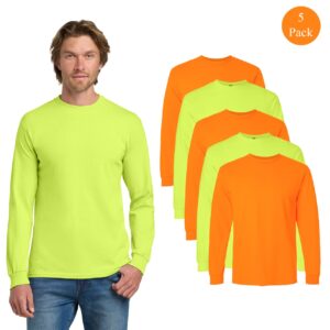 Gildan Men’s High Visibility Long Sleeve Work T-Shirts, Safety Green & Safety Orange (5-Pack, Heavy Cotton Blend)