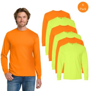 Gildan Men’s Safety Green & Safety Orange High Visibility Long Sleeve Work T-Shirts (6-Pack, Heavy Cotton Blend)