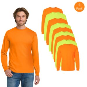 Gildan Men’s High Visibility Safety Green & Safety Orange Long Sleeve Work T-Shirts (9-Pack, Heavy Cotton Blend)