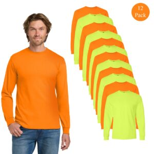 Gildan Men’s High Visibility Safety Green & Safety Orange Long Sleeve T-Shirts (12-Pack, Heavy Cotton Blend)