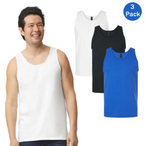 Gildan Men’s Ultra Cotton Tank Tops, Classic Fit Cotton Sleeveless, White-Black-Royal, 3 Pack