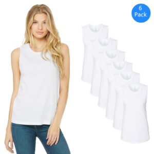 BELLA + CANVAS Women’s Jersey Muscle Tank, Relaxed Fit Sleeveless Top, White, 6 Pack
