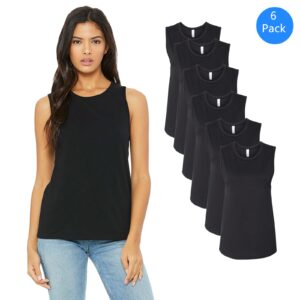 BELLA + CANVAS Women’s Jersey Muscle Tank, Relaxed Fit Sleeveless Top, Black, 6 Pack