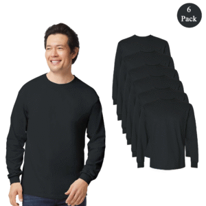 Gildan Ultra Cotton Long Sleeve Crewneck T-Shirts for Men – 6 Pack, Heavyweight 100% Cotton, Black