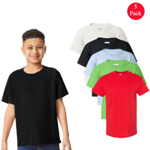 Gildan Youth Heavy Cotton Short Sleeve Tee, 5-Pack, 100% Cotton, Mixed Colors, (S–XL)