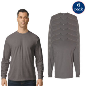 Gildan Men's Heavy Cotton Long Sleeve T-Shirt, Charcoal 6-Pack Crewneck Tee