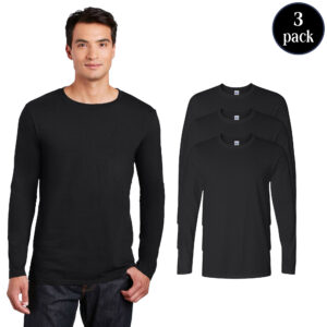 Gildan Men's Softstyle Long Sleeve T-Shirt, Black Crewneck Tee - Bulk 3-Pack