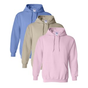 Gildan Men’s Heavy Blend Hooded Sweatshirt 3-Pack, Sand/Carolina Blue/Light Pink (S-2XL)