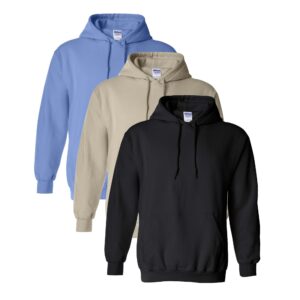 Gildan Men’s Heavy Blend Hooded Sweatshirt 3-Pack, Black/Sand/Carolina Blue (S-2XL)